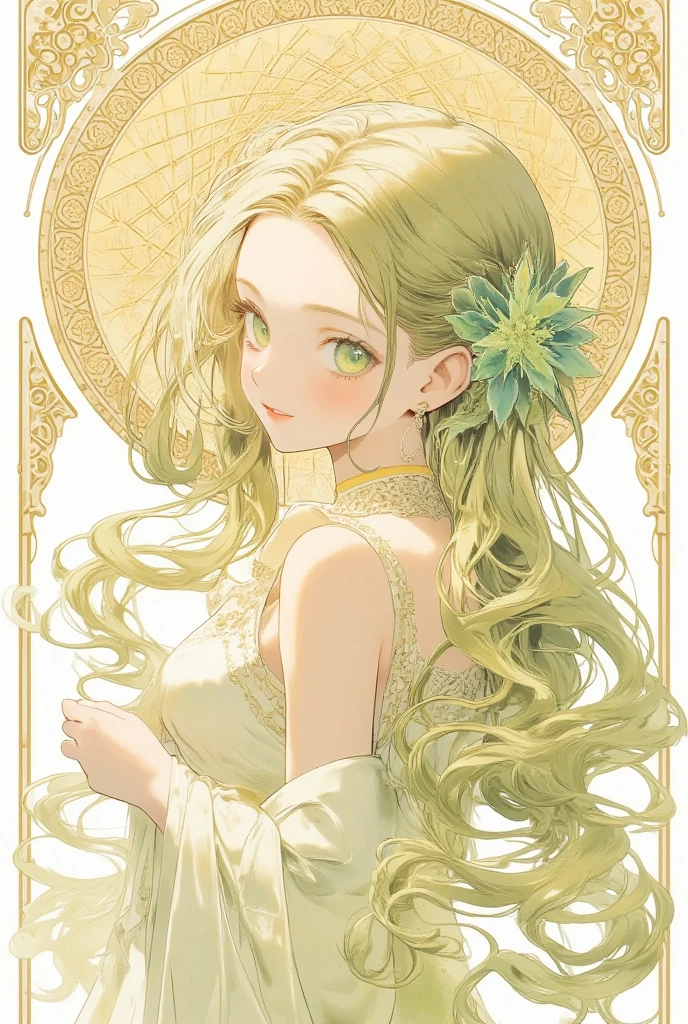 poster, new year, write "HAPPY NEW YEAR" and "2025" in calligraphy, girl, light green hair, light green eyes, large breast, long hair, long legs, 22 years old, accent color is light yellow, (transition of time from 2024 to 2025:1.3), Alphonse Mucha Style, AM Style, Art Nouveau Poster