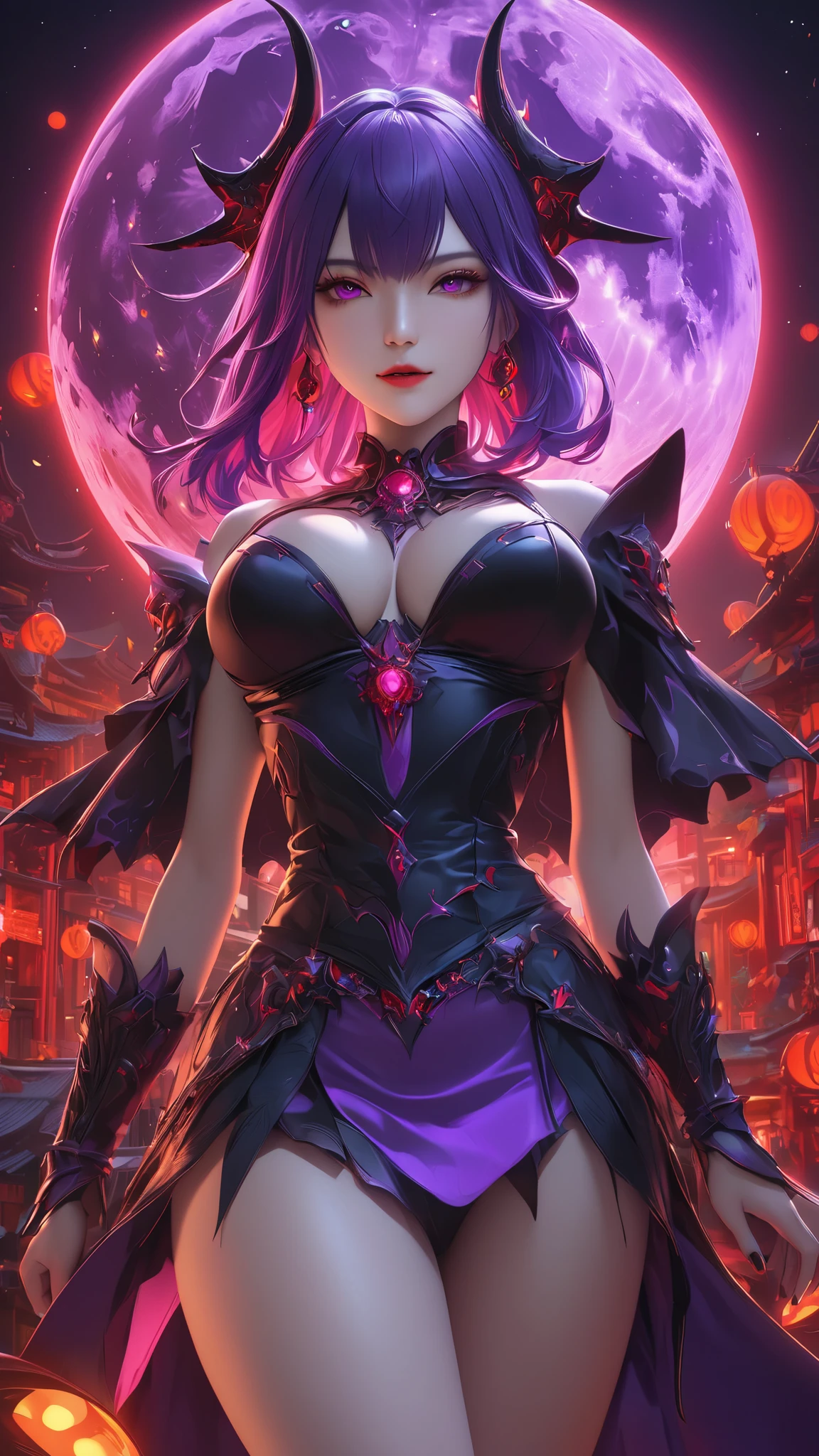 woman, purple necromancer, Blood Moon, ray tracing, masterpiece, top quality, ultra quality, absurd detail, best Light, sharp, sharp image, ultimate, Details, extremely Details, high resolution, 16k, 超 high resolution, particle effect , Beautiful Effects, bright color, neon Light, neon, Light, close-up、Super big breasts、 realistic textured face and skin、Aerial view 、