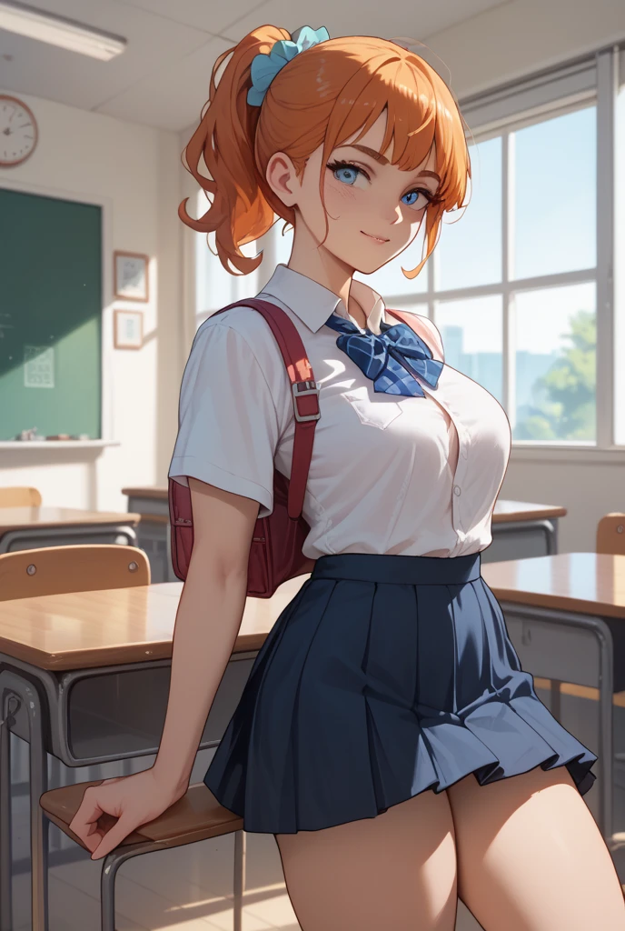 1girl, huge breasts, crop top, sexy, cute, detailed, masterpiece, high quality, absurdres, dynamic pose, smiling, detailed background, classroom, perfect hands,<lora:add_detail:1>