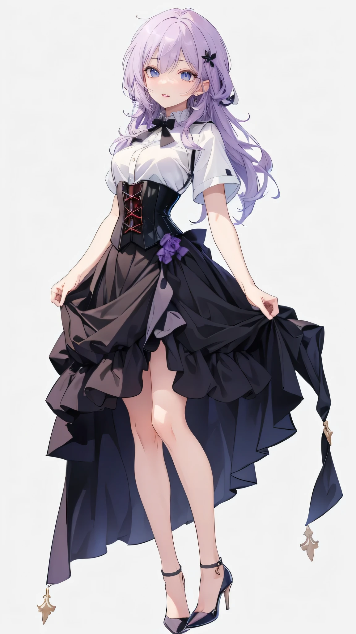 ((Perfect Face)),Purple Hair,long hair,Adult female,White shirt,((Shirt with rolled up sleeves)),(((Roll up your sleeves))),((corset)),short skirt,(High heels),((Simple White Background)),((full body)),((Full Body)),