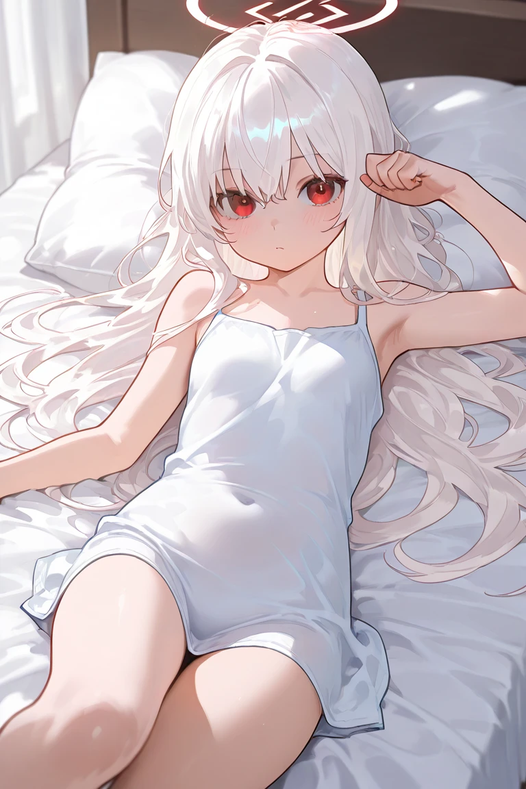 best quality,Real fingers,Reasonable body,Practical:1.37),A girl lying on the bed,[White hair],[Red Eyes]