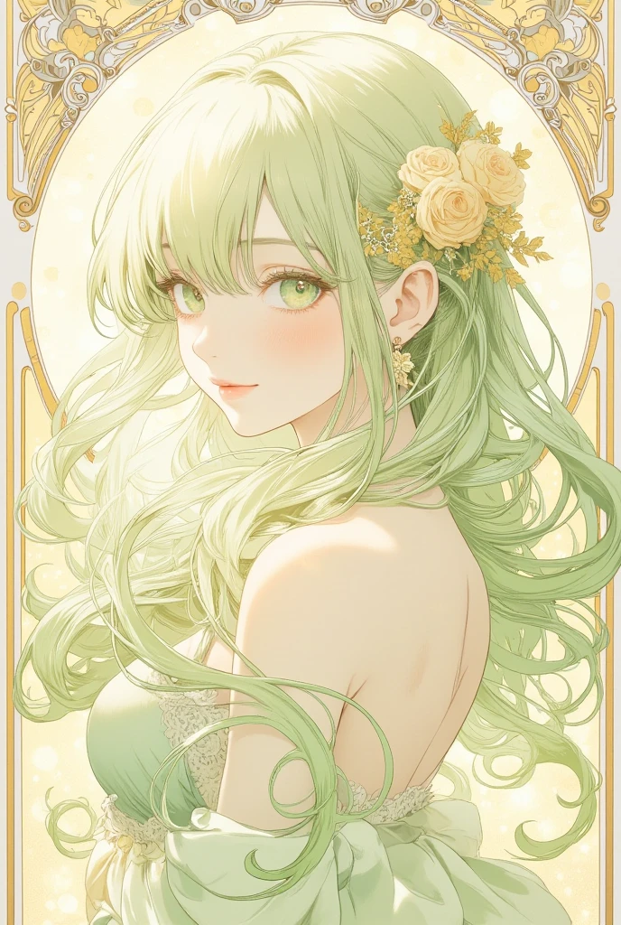 poster, new year, write "HAPPY NEW YEAR" and "2025" in calligraphy, girl, light green hair, light green eyes, large breast, long hair, long legs, 22 years old, accent color is light yellow, (transition of time from 2024 to 2025:1.3), Alphonse Mucha Style, AM Style, Art Nouveau Poster