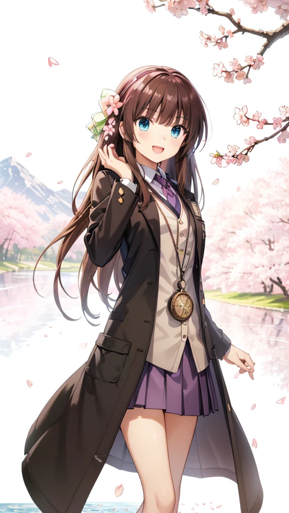 very beautiful teenage girl,(16k, super high resolution , top quality,masterpiece, super detailed, Highly Detailed Facial Features,  perfect face,  Perfect Eyes , anatomically correct body), Straight hair& high twintails,blue eyes, hair between eyes, ((light brown hair:1.3)), school uniform, white shirt,break,brown pleated skirt,break, purple tie,black coat, Tree Eyes,((:d:1.3)),((cherryblossom tree:1.3)),((mountain & small river at the back of the screen:1.3)),front shot, looking at camera,dynamic pose,looking up, lots of small birds flying in the sky,((Pocket watch:1.3)),