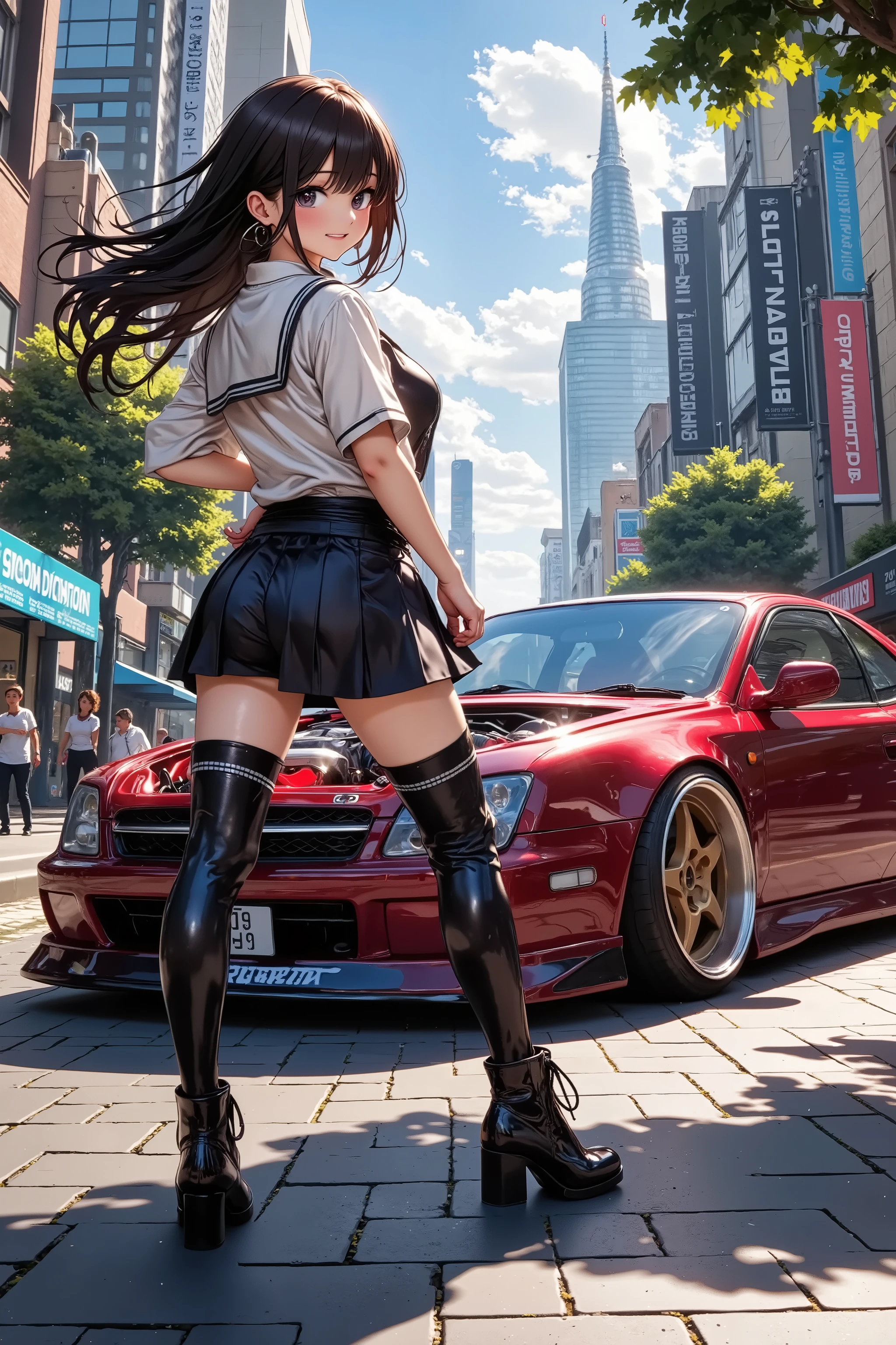 A beautiful woman is standing next to a tuned HONDA プレリュード、 Wide Body Kit 、deep rim aluminum wheel、positive camber、JDM、 Ultra Wide Angle,  glossy brown skin 、 anime 、 top quality,  movie light effect, STANCE Nation 