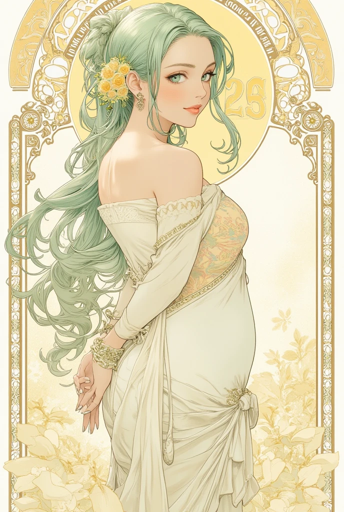 poster, new year, (write "HAPPY NEW YEAR" and "2025" in calligraphy), girl, light green hair, light green eyes, large breast, long hair, long legs, 22 years old, accent color is light yellow, (transition of time from 2024 to 2025:1.3), Alphonse Mucha Style, AM Style, Art Nouveau Poster