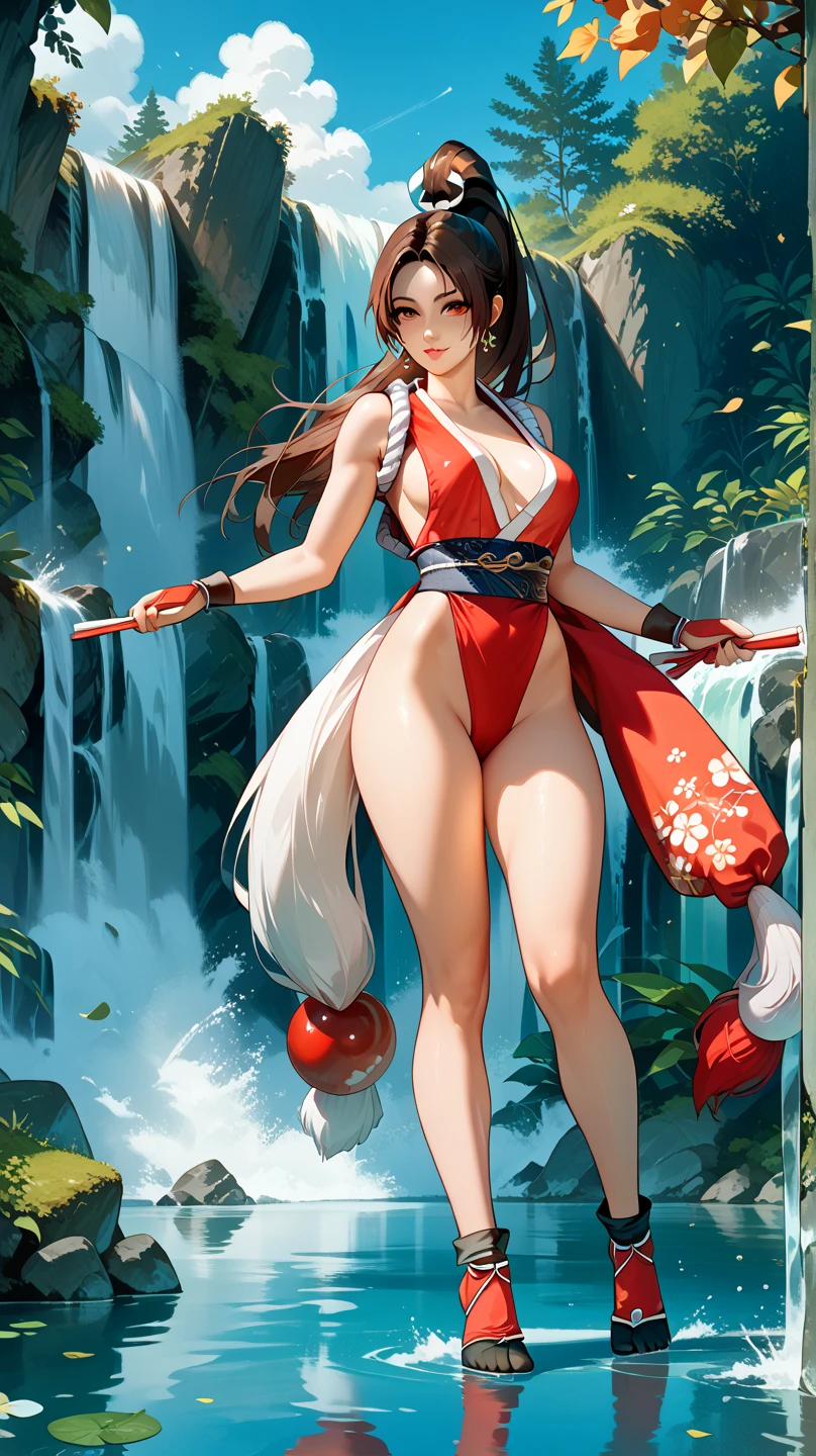   Sexy mai shiranui, UHD, In a waterfall, standing, full body, 