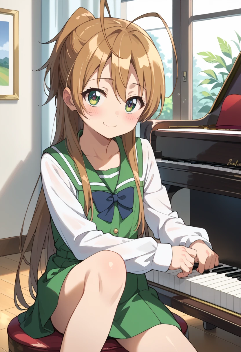 (( top quality)), ((masterpiece)), (be familiar with), perfect face, indoor, bedroom,  Watching Viewers ,
One woman, Miyamoto Rei,
開いた口,  ecstatic expression beside the piano, blush, smile,
 small ,  flat chest, Young girl, Lori,  kids,  girl,
 long hair,  Ponytail,
Leg spread,