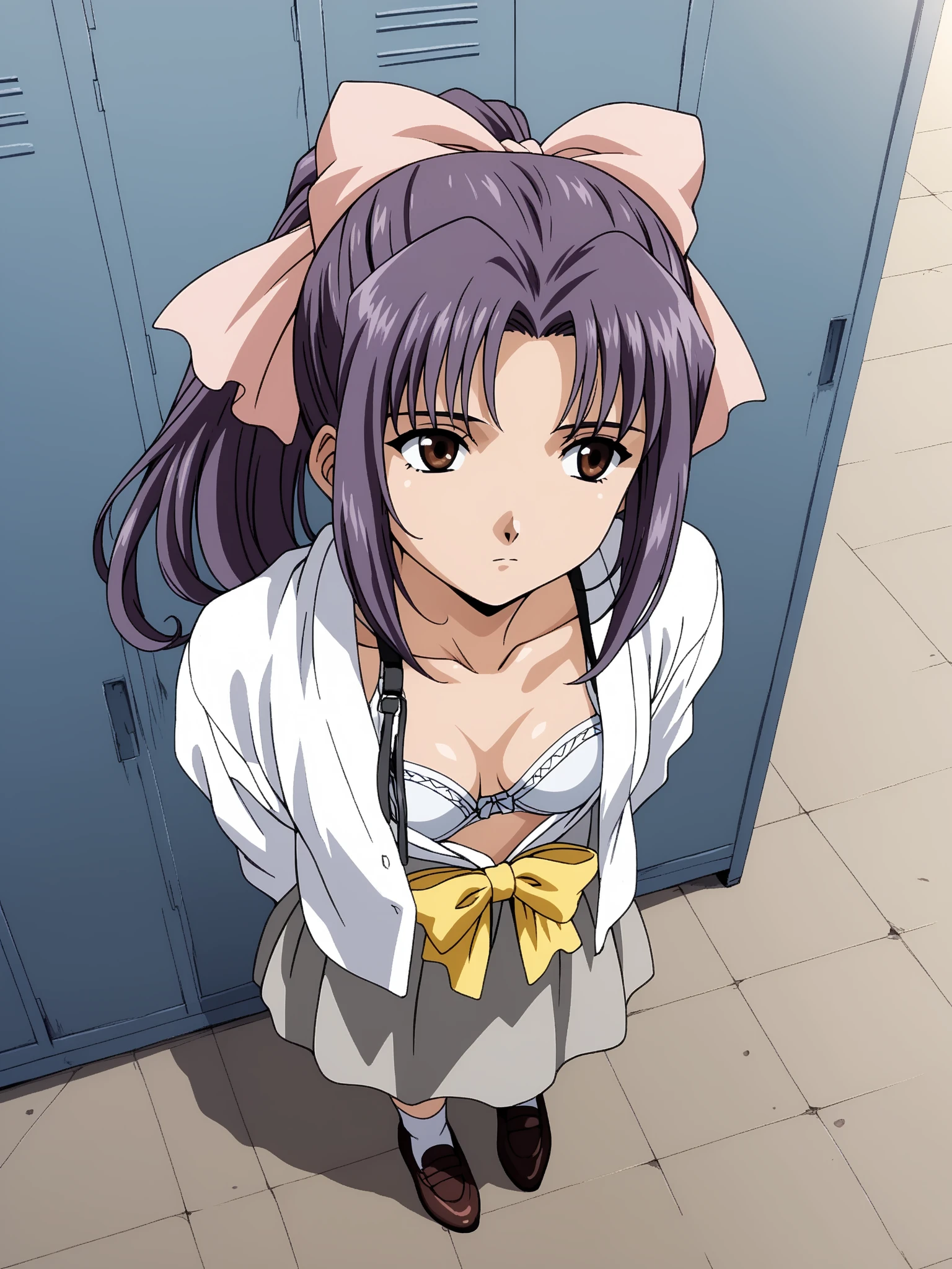 ,   score_9,   score_8_Excellent,   score_7_Excellent,   source_Anime,  break  1 girl , Anime style,   intricate detail, Dim lighting,   knight , locker room, indoor, Momoko Koigakubo,  1 girl , difficult,   purple hair,   long hair,   hair bow,   brown eyes ,   Ponytail,   pink ribbon , School, Yellow Bow,   gray skirt, 
((( are expressionless, open shirt, white bra))), short stuck,   short, ((( is standing,  from my point of view,  from above, looking away))), ((( uncensored))),