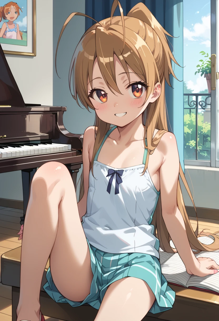 (( top quality)), ((masterpiece)), (be familiar with), perfect face, indoor, bedroom,  Watching Viewers ,
One woman, Miyamoto Rei,
開いた口,  ecstatic expression beside the piano, blush, smile,
 small ,  flat chest, Young girl, Lori,  kids,  girl,
 long hair,  Ponytail,
Leg spread,