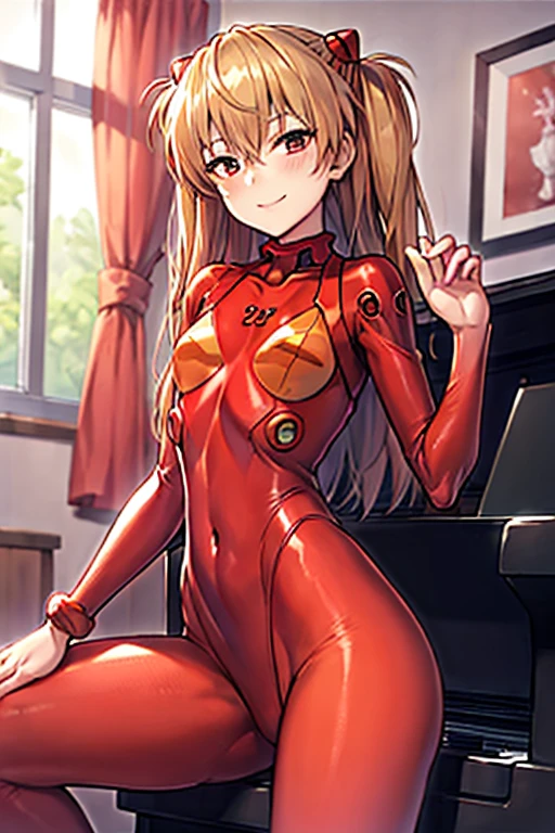 (( top quality)), ((masterpiece)), (be familiar with), perfect face, indoor, bedroom,  Watching Viewers ,
One woman,  Soryu Asuka Langley ,
開いた口,  ecstatic expression beside the piano, blush, smile,
 small tits,  flat chest, Young girl, Lori,  s,  girl,
 long hair,  two side up,
Leg spread,