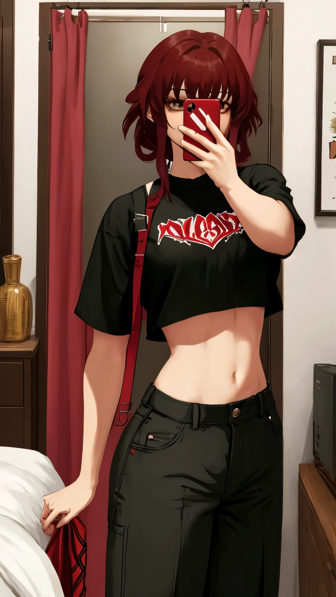  The character in the image is wearing a casual outfit consisting of a red cropped with white details and wide black pants. The cropped is quite short , showing off her midriff,  and she has a small tattoo visible in the abdomen area .  Her hair is smooth and fringed ,  and she is in front of a mirror taking a selfie .  The environment has a neutral background with some decorative objects and simple furniture .  The character's attitude seems relaxed and casual .