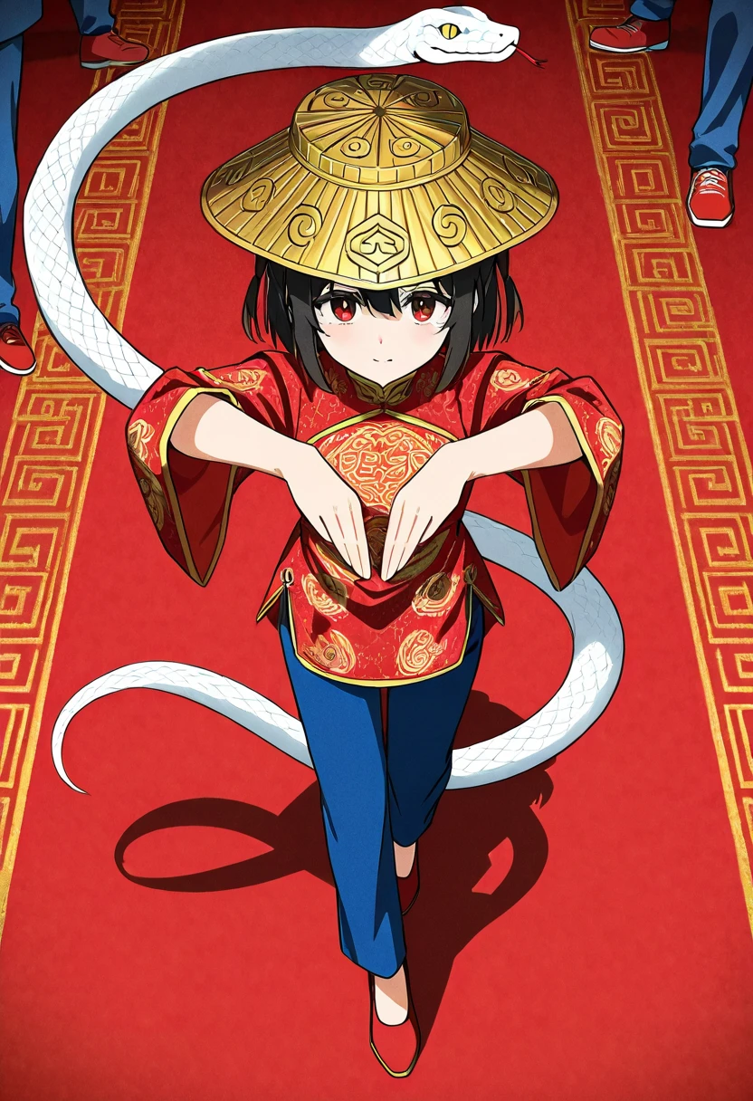 Snake dance hat， snake dance，A lively digital anime-style drawing captures a young girl rocking a traditional Chinese snake dance outfit. The kid's standing on a red carpet. He's decked out in a red long-sleeved shirt with gold patterns， blue pants， and red shoes.