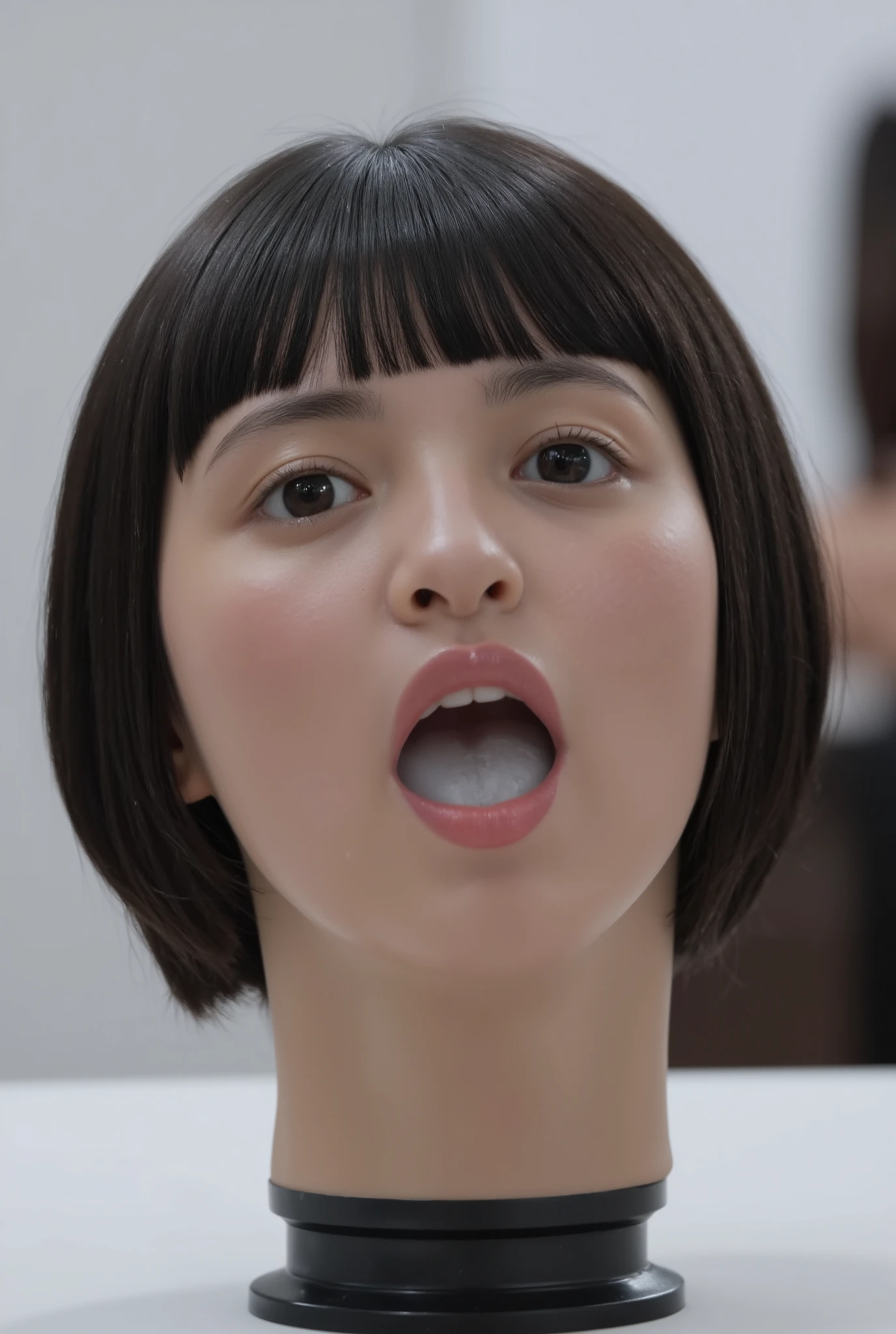 (The high resolution photograph of a young Japanese woman's disembodied head in a lower pot on the table top), photo realistic, masterpiece, amazing quality, intricate details, professional lighting, close-up of her head, face focus, black hair with thick blunt bangs, (open mouth, cum in mouth), detailed face, detailed eyes, sophisticated nose, indoors, bright room, daylight, tomak,