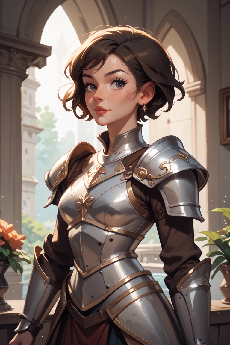  Beautiful girl  ,  brunette ,  short hair, dressed in knight armor