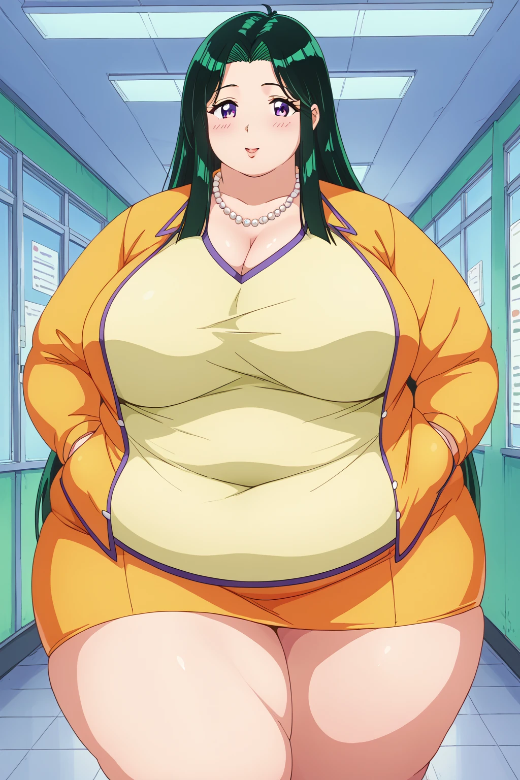 ritsuko takahashi,  dark green hair 、 long hair,  Purple Eyes ,thin yellow-green bodycon , pale yellow-green miniskirt、 yellow-green Spencer jacket、 pearl necklace, huge breasts,frightened,milf, chubby, thick thighs,School corridor,Obese middle-aged woman,Severe obesity, Fat face, score_9,  score_8_ up、 score_7_ up、 score_6_ up、 score_5_ up、 score_4_ up、 Masterpiece、 top quality, A beautiful woman with an obese figure,  absurd、 source_ anime anime screencap,  one woman、Alone、 personal  、Super huge breasts,  super huge clevis、Super huge, Super huge boob,Curvy、 wide hips、