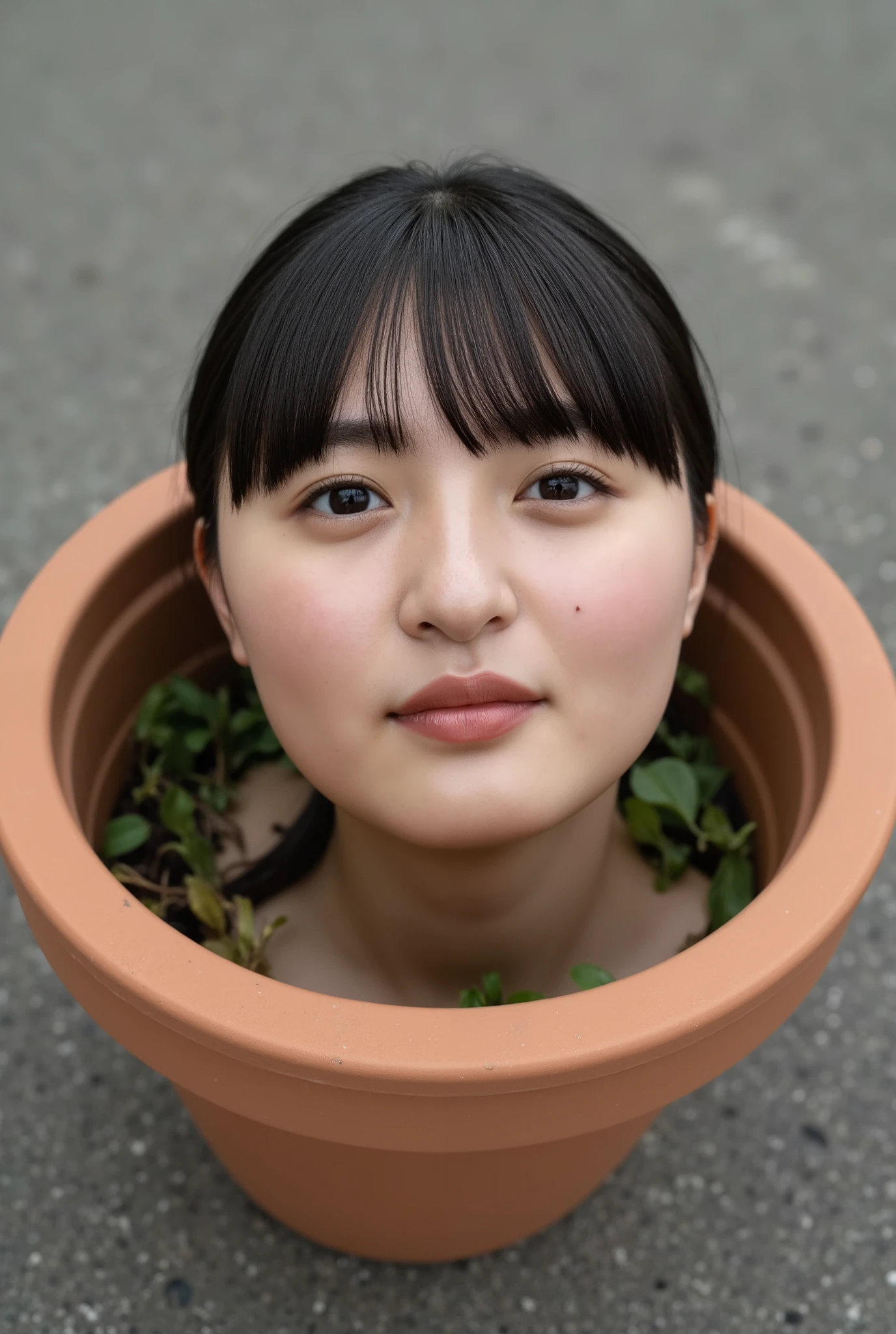 (The high resolution photograph of a young Japanese woman's disembodied head in a flower pot without flowers on the table), photo realistic, masterpiece, amazing quality, intricate details, professional lighting, close-up of her head, face focus, black hair with thick blunt bangs, detailed face, detailed eyes, sophisticated nose, view from above, looking up at the viewer, outdoors, bright room, daylight, tomak,