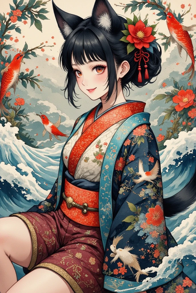 (Brush painting, Alone:1.2), One Girl \( cute, Cute,( Evil Smiles ), double piece:1.6, piece sign:1.4, Double teeth:1.3, Riding a giant koi , ( black hair:1),( long hair),(half twintail:1.5),  red eyes, ( detailed eyes :1.4), open legs, It looks energetic ,  short hair jacket with shining eyes , ( big eyes),(chest:1.4),(Taoist uniform with Taijiku on it :1.4,  shorts :1.5),(Fluffy black cat ears:1.6),(Fluffy black cat ears:1.6),(Bob:1.4, My hair flutters softly:1.4), (dynamic pose:1.4)\)),(bang:1.2)\), BREAK Background\(outside, river, Rapids), 白と黒と赤だけで構成したBrush painting:1.5