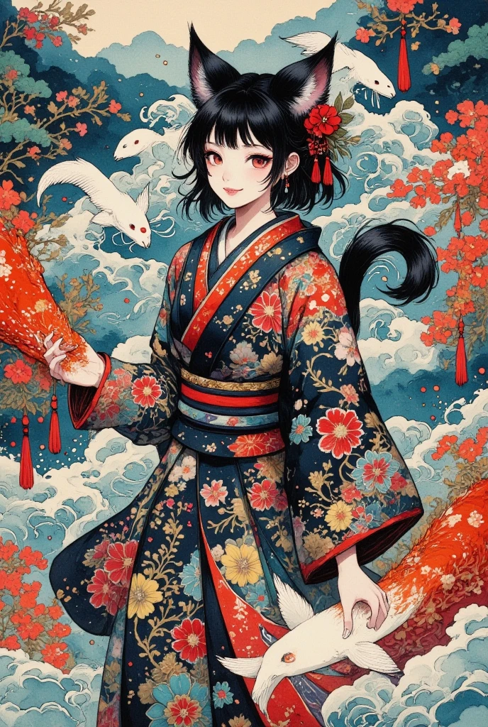 (Brush painting, Alone:1.2), One Girl \( cute, Cute,( Evil Smiles ), double piece:1.6, piece sign:1.4, Double teeth:1.3, Riding a giant koi , ( black hair:1),( long hair),(half twintail:1.5),  red eyes, ( detailed eyes :1.4), open legs, It looks energetic ,  short hair jacket with shining eyes , ( big eyes),(chest:1.4),(Taoist uniform with Taijiku on it :1.4,  shorts :1.5),(Fluffy black cat ears:1.6),(Fluffy black cat ears:1.6),(Bob:1.4, My hair flutters softly:1.4), (dynamic pose:1.4)\)),(bang:1.2)\), BREAK Background\(outside, river, Rapids), 白と黒と赤だけで構成したBrush painting:1.5