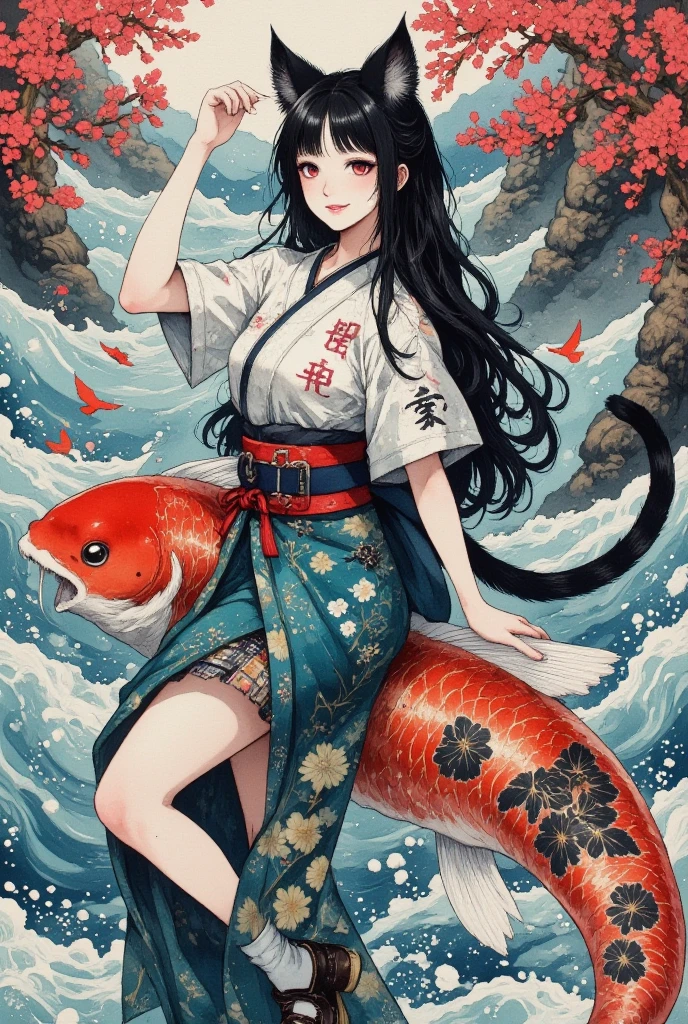 (Brush painting, Alone:1.2), One Girl \( cute, Cute,( Evil Smiles ), double piece:1.6, piece sign:1.4, Double teeth:1.3, Riding a giant koi , ( black hair:1),( long hair),(half twintail:1.5),  red eyes, ( detailed eyes :1.4), open legs, It looks energetic ,  short hair jacket with shining eyes , ( big eyes),(chest:1.4),(Taoist uniform with Taijiku on it :1.4,  shorts :1.5),(Fluffy black cat ears:1.6),(Fluffy black cat ears:1.6),(Bob:1.4, My hair flutters softly:1.4), (dynamic pose:1.4)\)),(bang:1.2)\), BREAK Background\(outside, river, Rapids), 白と黒と赤だけで構成したBrush painting:1.5