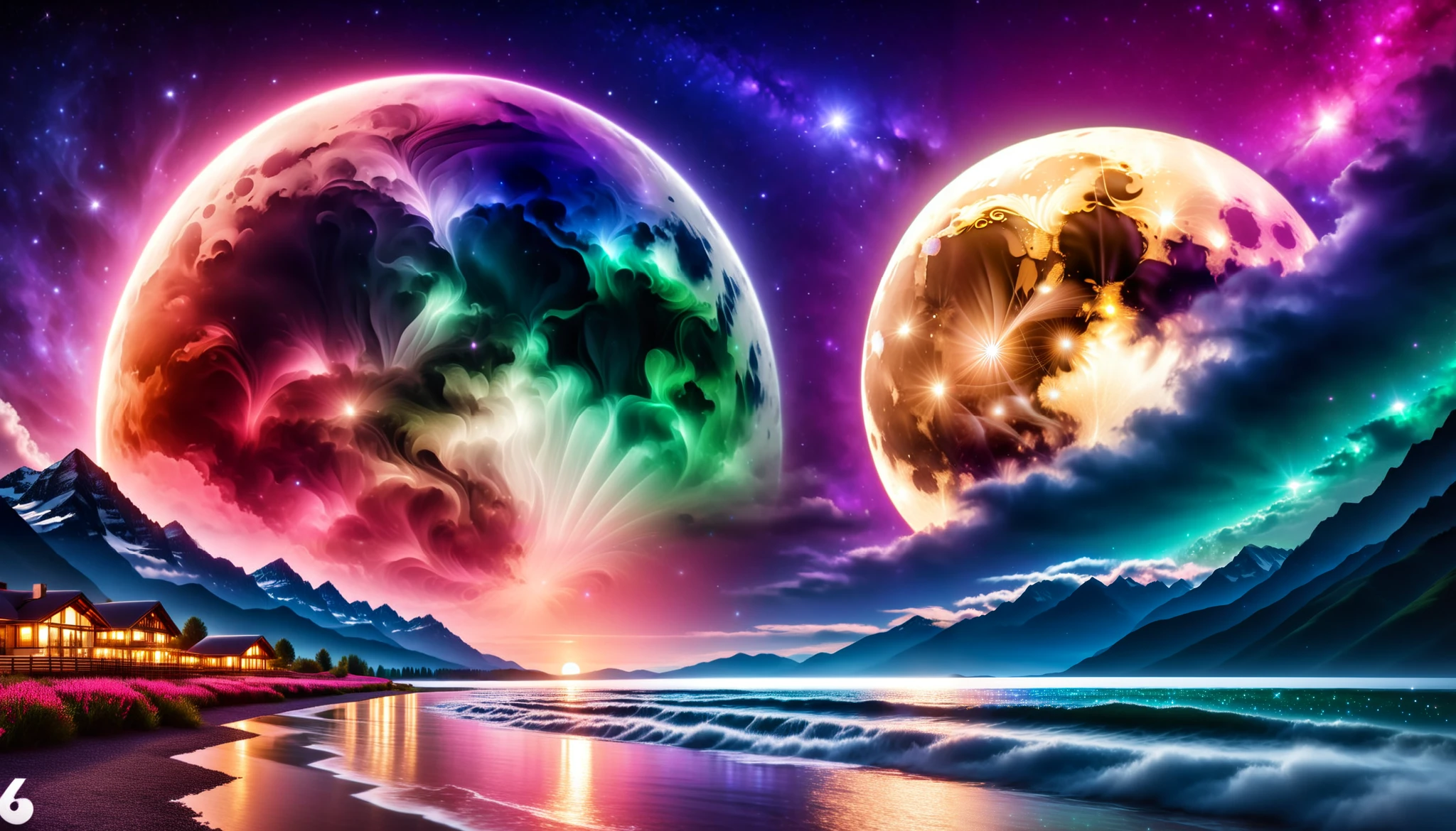  huge moon shining pink),giant pink moon , super high image quality, high definition , High Quality ,Detailed Scenery ,Night Sky,（Milky Way Galaxy）,The Alps,The giant moon and stars moving to the lake々, beautiful Artistic illustration , Ultramarine, green,  Purple , black, Majestic Atmosphere,An epic and mysterious moon,