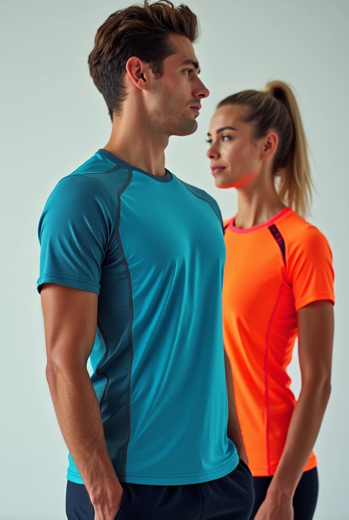 Different models of red and turquoise sports t-shirts