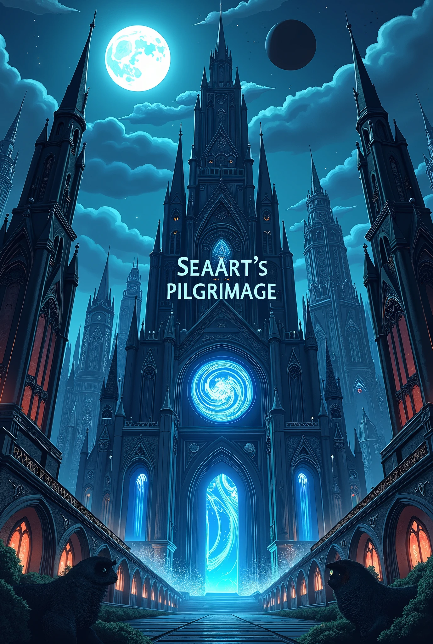 (Ultra-detailed, Fantasy Illustration with Gothic. Dark tone colors. In the center of the screen is written "SeaArt's Pilgrimage". These words are written in a large blue font. This is a group of skyscrapers in Singapore. The sky-high Gothic architectural style combined with futuristic architectural style makes for a mysterious landscape. In the sky, you can see a shining white moon and a black moon like a black hole. The round logo of SeaArt, swirling in blue, appears to glow like a ghost in the center of the ornate-looking building in the center of the skyscraper complex.)