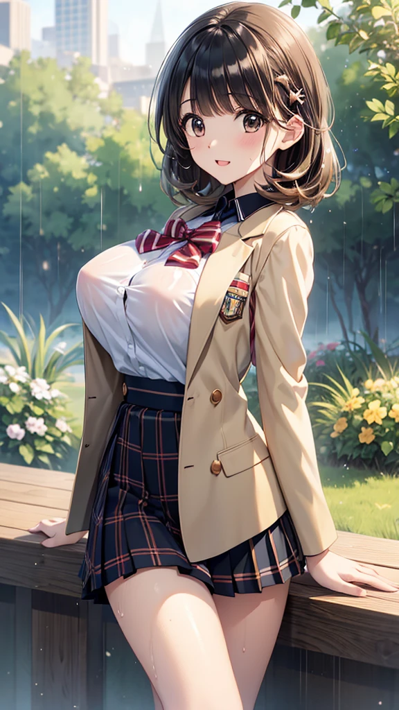 , (beautiful girl: 1.3),1girl,masterpiece, Highest quality, Ultra-high resolution, Rich contrast ,super high quality,8k,Highly detailed CG unit wallpaper, texture, Incredibly absurd, Ultra-high resolution, RAW Photos, Depth of Field 1.2,(High School Uniform & Pleated skirt:1.5),Black Hair, Crown braid, Ultra-detailed eyes,(Sensual),Glowing Skin ,l oafers , Her jacket is open and her breasts are exposed, after the rain,(((Wet))),(Large Breasts),blush, Sigh, Glowing stained glass, Colorful fluorescent, sweat drop, panting