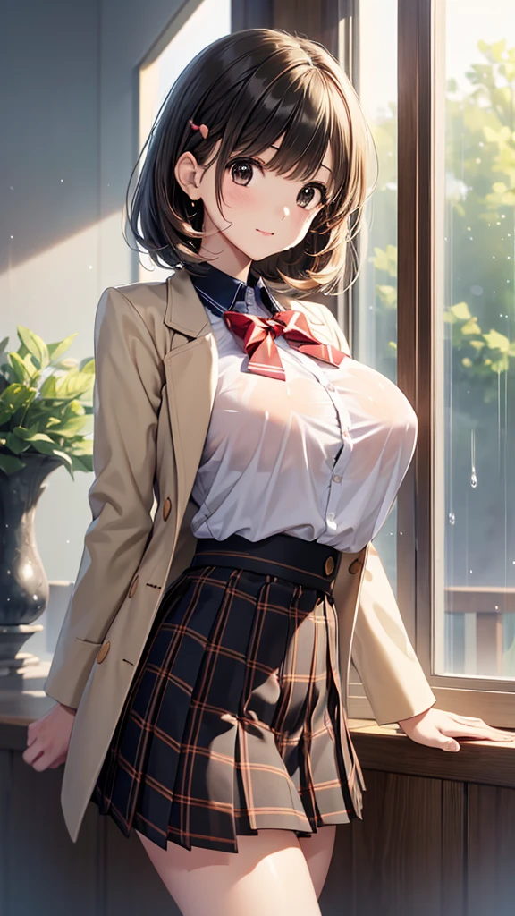 , (beautiful girl: 1.3),1girl,masterpiece, Highest quality, Ultra-high resolution, Rich contrast ,super high quality,8k,Highly detailed CG unit wallpaper, texture, Incredibly absurd, Ultra-high resolution, RAW Photos, Depth of Field 1.2,(High School Uniform & Pleated skirt:1.5),Black Hair, Crown braid, Ultra-detailed eyes,(Sensual),Glowing Skin ,l oafers , Her jacket is open and her breasts are exposed, after the rain,(((Wet))),(Large Breasts),blush, Sigh, Glowing stained glass, Colorful fluorescent, sweat drop, panting