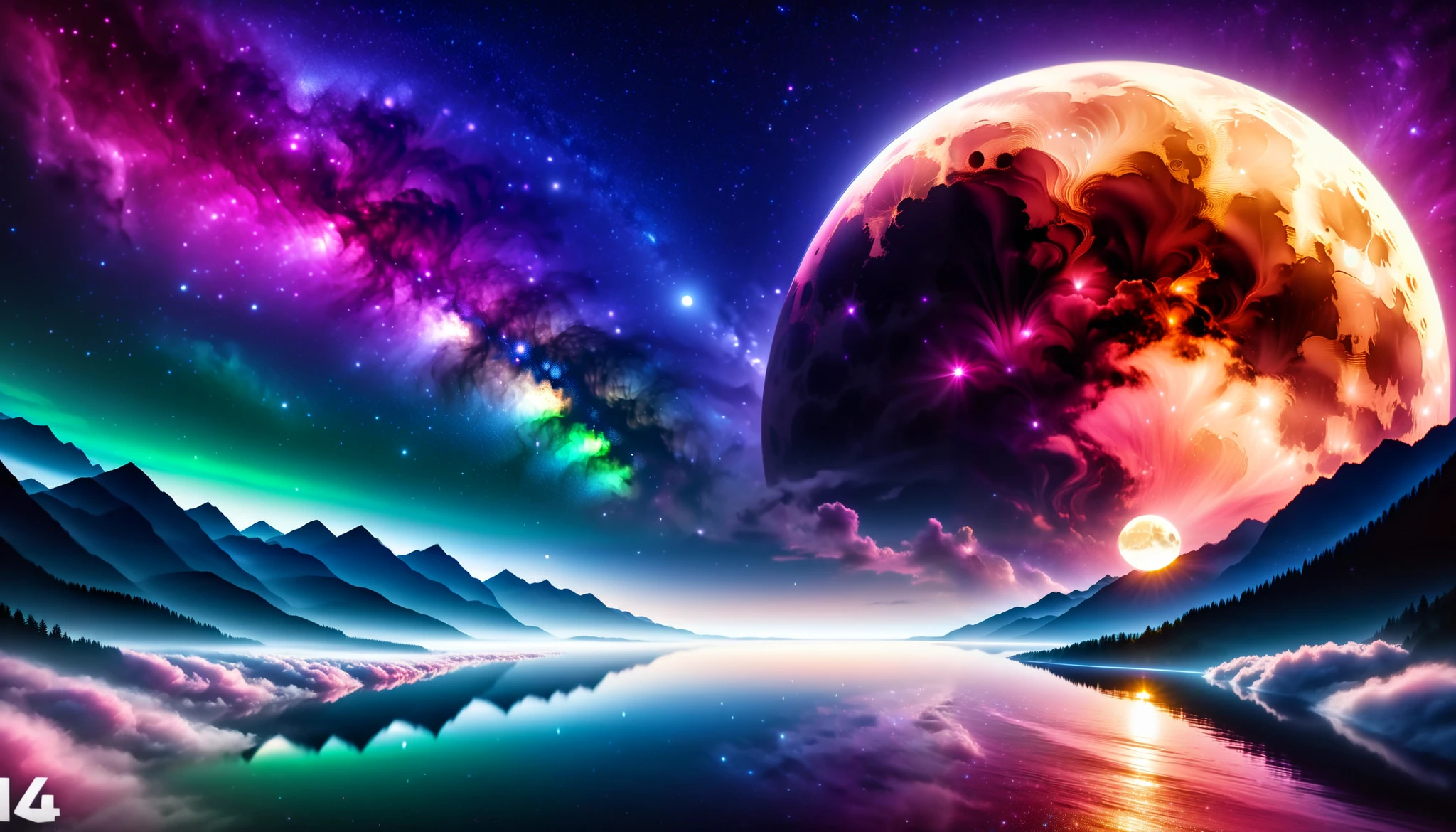  huge moon shining pink),giant pink moon , super high image quality, high definition , High Quality ,Detailed Scenery ,Night Sky,（Milky Way Galaxy）,The Alps,The giant moon and stars moving to the lake々, beautiful Artistic illustration , Ultramarine, green,  Purple , black, Majestic Atmosphere,An epic and mysterious moon,