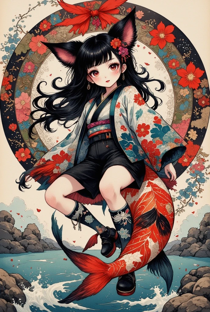 (Brush painting, Alone:1.2), One Girl \( cute, Cute,( Evil Smiles ), double piece:1.6, piece sign:1.4, Double teeth:1.3, Riding a giant koi , ( black hair:1),( long hair),(half twintail:1.5),  red eyes, ( detailed eyes :1.4), open legs, It looks energetic ,  short hair jacket with shining eyes , ( big eyes),(chest:1.4),(Taoist uniform with Taijiku on it :1.4,  shorts :1.5),(Fluffy black cat ears:1.6),(Fluffy black cat ears:1.6),(Bob:1.4, My hair flutters softly:1.4), (dynamic pose:1.4)\)),(bang:1.2)\), BREAK Background\(outside, river, Rapids), 白と黒と赤だけで構成したBrush painting:1.5