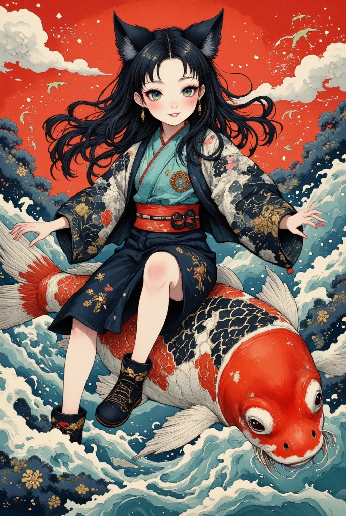 (Brush painting, Alone:1.2), One Girl \( cute, Cute,( Evil Smiles ), double piece:1.6, piece sign:1.4, Double teeth:1.3, Riding a giant koi , ( black hair:1),( long hair),(half twintail:1.5),  red eyes, ( detailed eyes :1.4), open legs, It looks energetic ,  short hair jacket with shining eyes , ( big eyes),(chest:1.4),(Taoist uniform with Taijiku on it :1.4,  shorts :1.5),(Fluffy black cat ears:1.6),(Fluffy black cat ears:1.6),(Bob:1.4, My hair flutters softly:1.4), (dynamic pose:1.4)\)),(bang:1.2)\), BREAK Background\(outside, river, Rapids), 白と黒と赤だけで構成したBrush painting:1.5