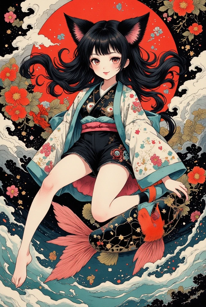 (Brush painting, Alone:1.2), One Girl \( cute, Cute,( Evil Smiles ), double piece:1.6, piece sign:1.4, Double teeth:1.3, Riding a giant koi , ( black hair:1),( long hair),(half twintail:1.5),  red eyes, ( detailed eyes :1.4), open legs, It looks energetic ,  short hair jacket with shining eyes , ( big eyes),(chest:1.4),(Taoist uniform with Taijiku on it :1.4,  shorts :1.5),(Fluffy black cat ears:1.6),(Fluffy black cat ears:1.6),(Bob:1.4, My hair flutters softly:1.4), (dynamic pose:1.4)\)),(bang:1.2)\), BREAK Background\(outside, river, Rapids), 白と黒と赤だけで構成したBrush painting:1.5