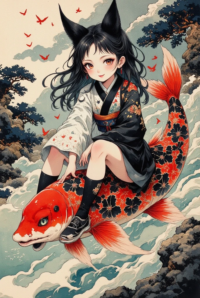 (Brush painting, Alone:1.2), One Girl \( cute, Cute,( Evil Smiles ), double piece:1.6, piece sign:1.4, Double teeth:1.3, Riding a giant koi , ( black hair:1),( long hair),(half twintail:1.5),  red eyes, ( detailed eyes :1.4), open legs, It looks energetic ,  short hair jacket with shining eyes , ( big eyes),(chest:1.4),(Taoist uniform with Taijiku on it :1.4,  shorts :1.5),(Fluffy black cat ears:1.6),(Fluffy black cat ears:1.6),(Bob:1.4, My hair flutters softly:1.4), (dynamic pose:1.4)\)),(bang:1.2)\), BREAK Background\(outside, river, Rapids), 白と黒と赤だけで構成したBrush painting:1.5