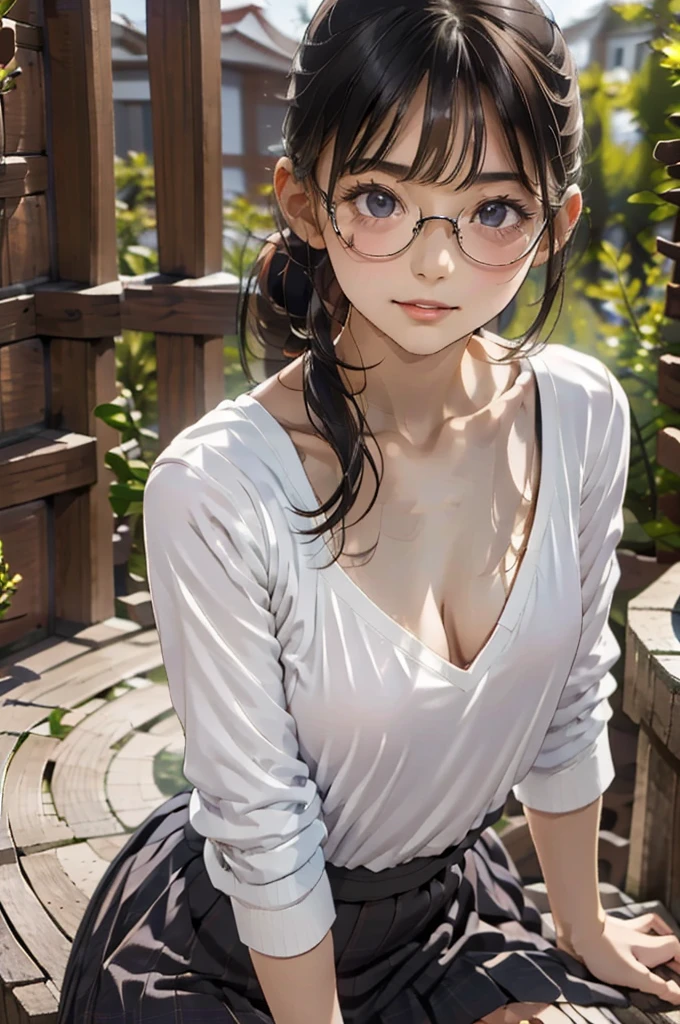 One beautiful girl,  black hair,  Ponytail, Age 14, Larger breasts:1.9,  slender:1.9,  white off shoulder knit sweater, burgundy short pleated skirt,  see here,  Hotel Room, Glasses,  realistic, young:1.2, petite skeleton ,  high definition face. bangs,  chest flyer,  no bra, nsfw,  embarrassing,  lean forward,  deep cleavage,  seducing ,  sexy,  paizuri , penis