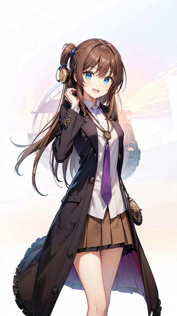 black long coat, very beautiful teenage tall girl,(16k, super high resolution , top quality,masterpiece, super detailed, Highly Detailed Facial Features,  perfect face,  Perfect Eyes , anatomically correct body), Straight hair& high twintail,blue eyes, hair between eyes, ((light brown hair:1.3)), school uniform, white shirt,break,red pleated skirt,break, purple tie, Tree Eyes,((:d:1.3)),(( sunset sky:1.3)),((Ocean and horizon at the back of the screen:1.3)),((clock
tower:1.3)),front shot, looking at camera,standing on stone bridge,looking up, lots of seagulls flying in the sky,evening,((Pocket watch:1.3))