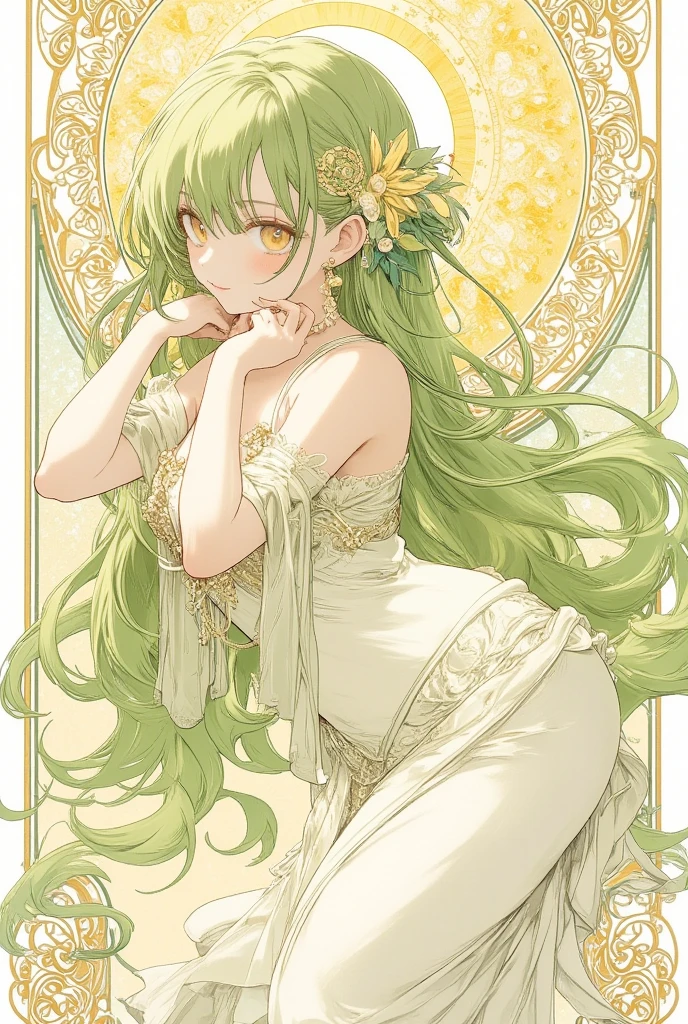 poster, new year, (write "HAPPY NEW YEAR" and "2025" in calligraphy), girl, light green hair, light green eyes, large breast, long hair, long legs, 22 years old, accent color is light yellow, (transition of time from 2024 to 2025:1.3), Alphonse Mucha Style, AM Style, Art Nouveau Poster