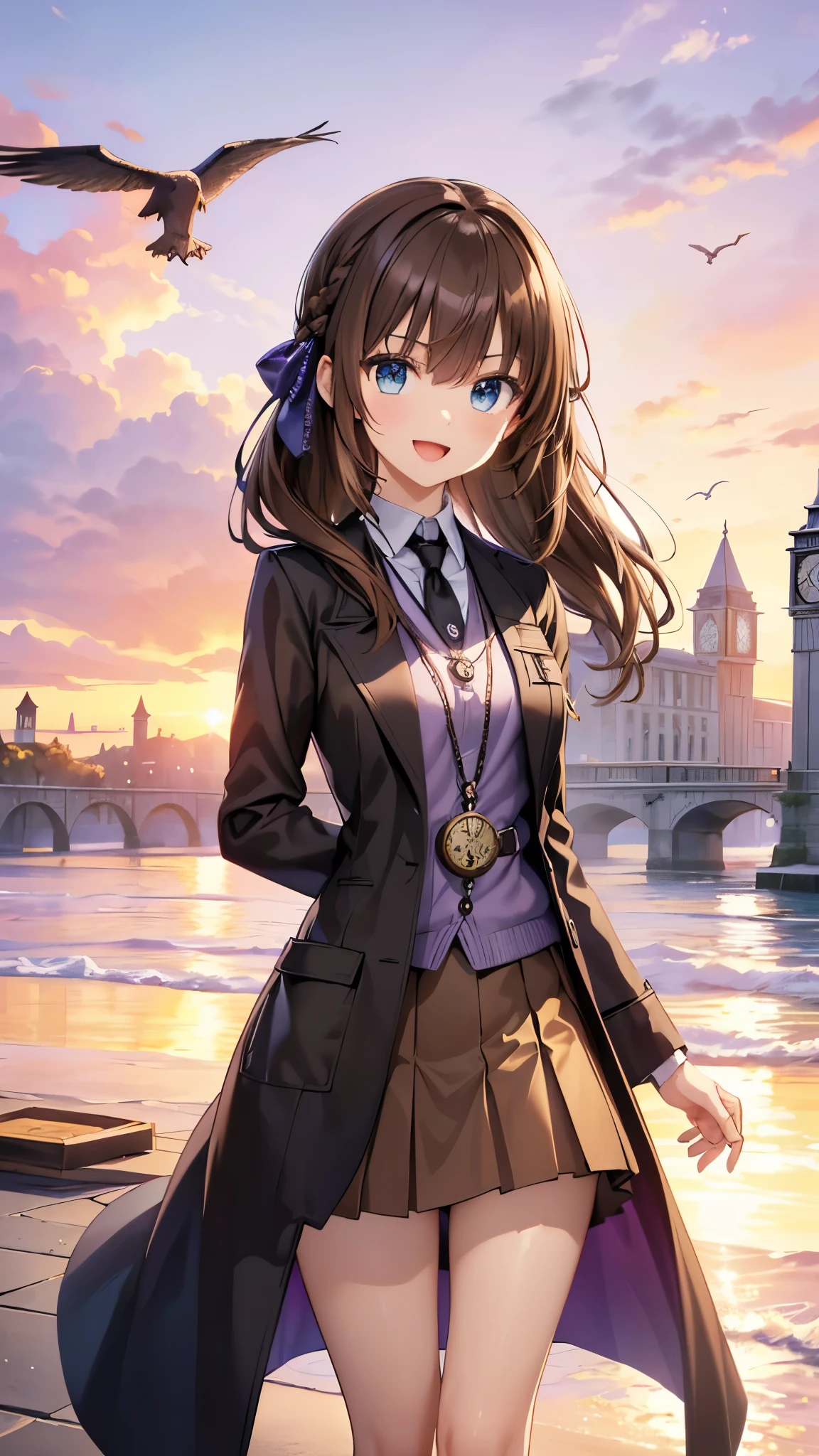 black long coat, very beautiful teenage tall girl,(16k, super high resolution , top quality,masterpiece, super detailed, Highly Detailed Facial Features,  perfect face,  Perfect Eyes , anatomically correct body), Straight hair& high twintail,blue eyes, hair between eyes, ((light brown hair:1.3)), school uniform, white shirt,break,red pleated skirt,break, purple tie, Tree Eyes,((:d:1.3)),(( sunset sky:1.3)),((Ocean and horizon at the back of the screen:1.3)),((clock
tower:1.3)),front shot, looking at camera,standing on stone bridge,looking up, lots of seagulls flying in the sky,evening,((Pocket watch:1.3))