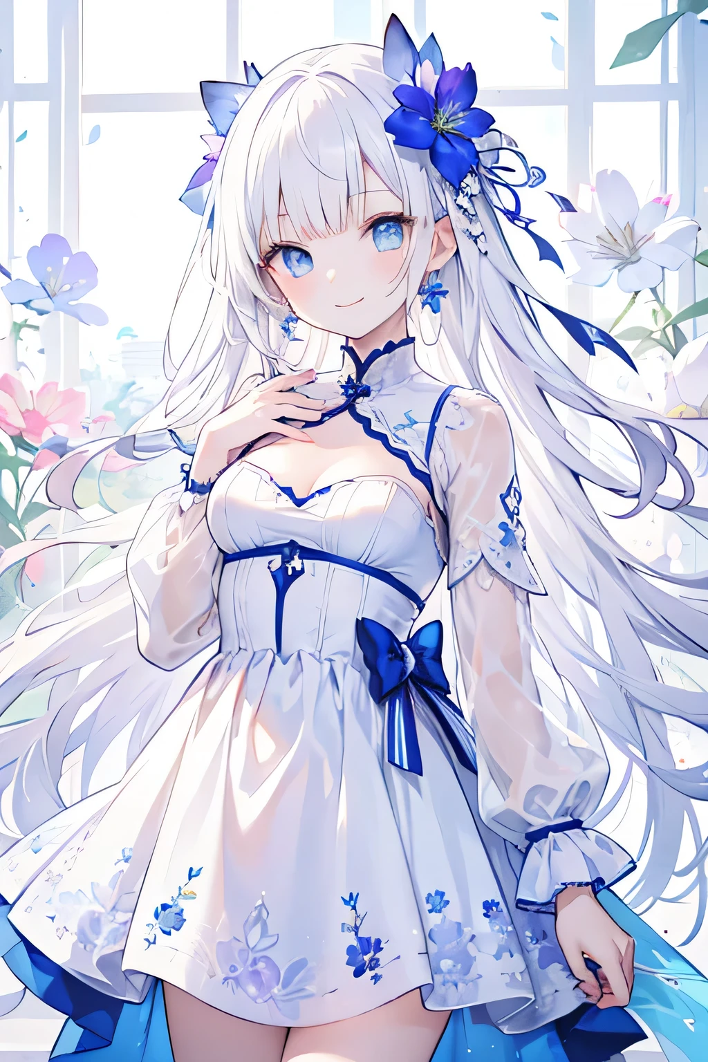 an illustration of the anime character is dressed for the occasion and looks beautiful, 1girl, solo, jewelry, hair flower, flower, long hair, blue eyes, hair ornament, looking at viewer, earrings, dress, long sleeves, smile, bangs, breasts, white dress, white hair, hand on own chest, floral print, medium breasts, see-through