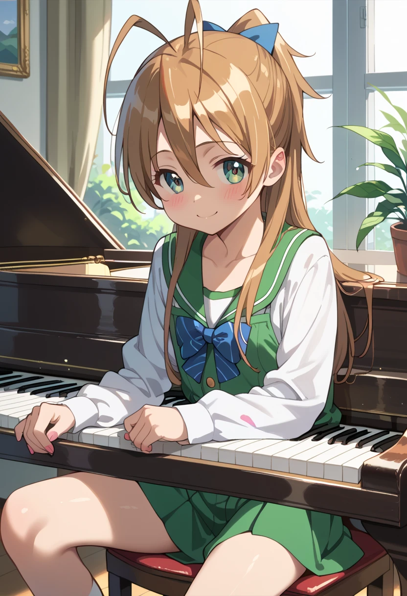 (( top quality)), ((masterpiece)), (be familiar with), perfect face, indoor, bedroom,  Watching Viewers ,
One woman, Miyamoto Rei,
開いた口,  ecstatic expression beside the piano, blush, smile,
 small ,  flat chest, Young girl, Lori,  kids,  girl,
 long hair,  Ponytail,
Leg spread,