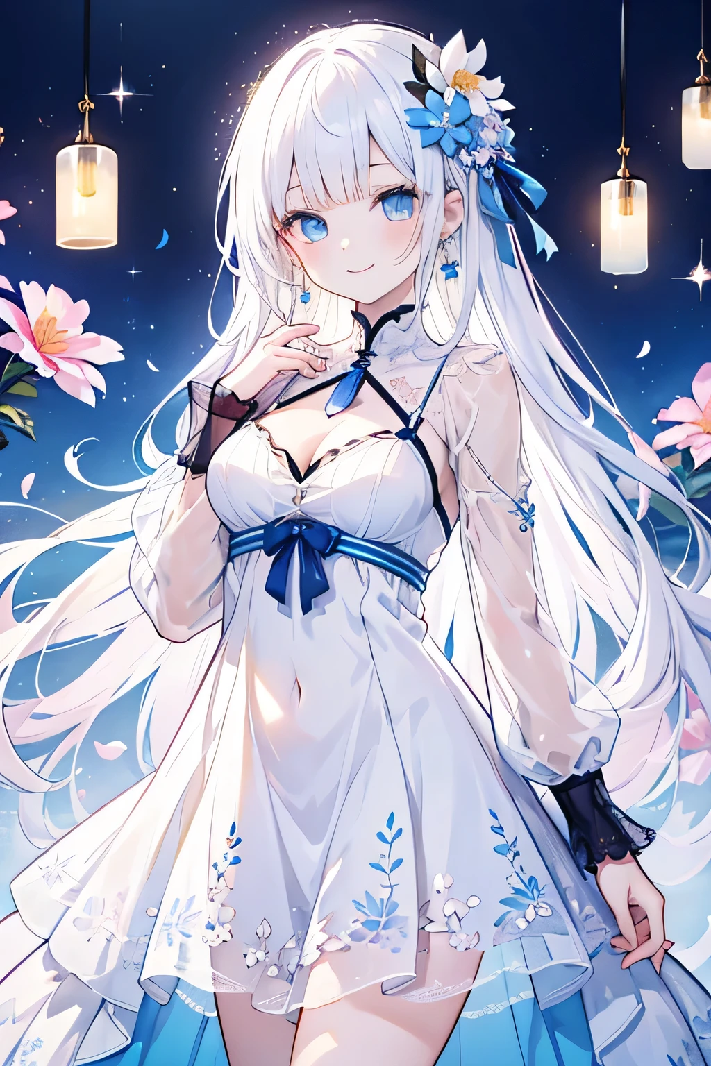 an illustration of the anime character is dressed for the occasion and looks beautiful, 1girl, solo, jewelry, hair flower, flower, long hair, blue eyes, hair ornament, looking at viewer, earrings, dress, long sleeves, smile, bangs, breasts, white dress, white hair, hand on own chest, floral print, medium breasts, see-through