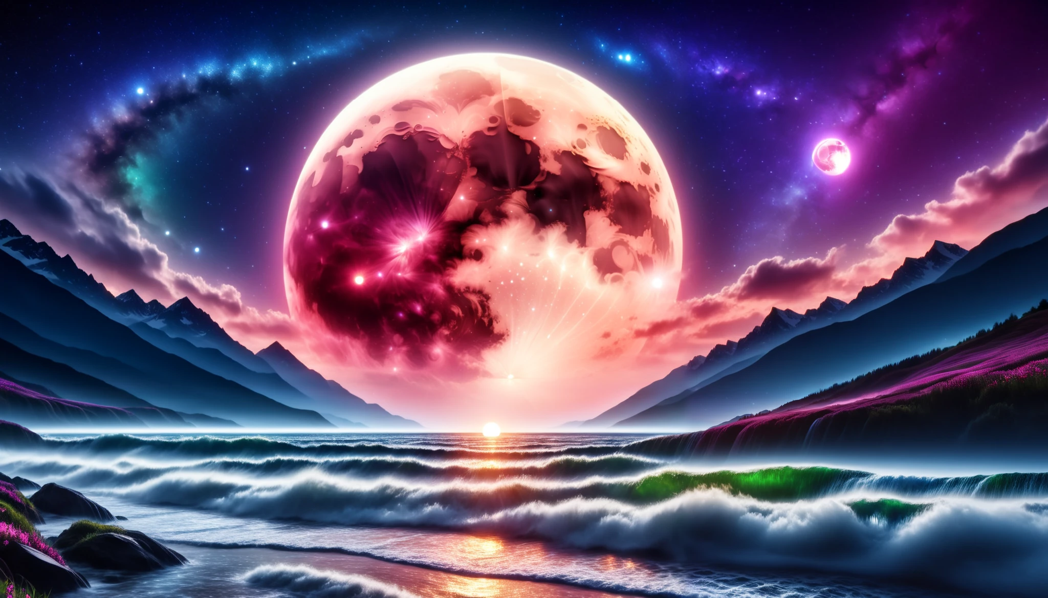 huge moon shining pink),giant pink moon , super high image quality, high definition , High Quality ,Detailed Scenery ,Night Sky,(Milky Way Galaxy),The Alps,The giant moon and stars moving to the lake々, beautiful Artistic illustration , Ultramarine, green, Purple , black, Majestic Atmosphere,An epic and mysterious moon,
