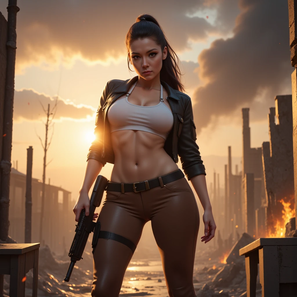 (masterpiece), best quality, expressive eyes, perfect face, Nico Robin at ruins on fire, (night background), (standing), (smirk), (closeup view), (1girl, Nico Robin face, dark skin, tanned skin, tan, black hair, long straight hairstyle, no bangs, brown eyes, hourglass figure, skinny body, large breasts, huge breasts, oppai, wide hips, thick thighs, ((dark-pink tanktop), (sleeveless), (spaghetti straps), (croptop), (black panty shorts), (black heels)),