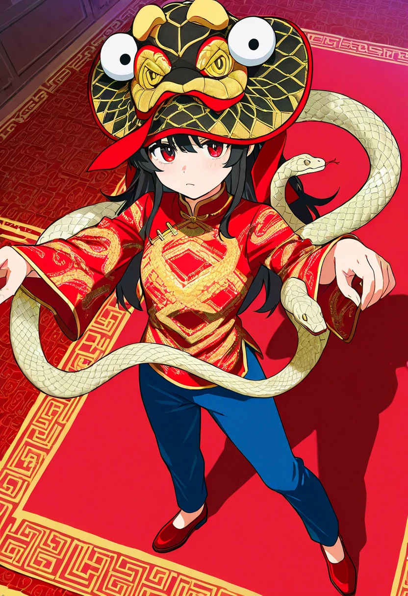 Snake dance hat， snake dance，A lively digital anime-style drawing captures a young girl rocking a traditional Chinese snake dance outfit. The kid's standing on a red carpet. He's decked out in a red long-sleeved shirt with gold patterns， blue pants， and red shoes.