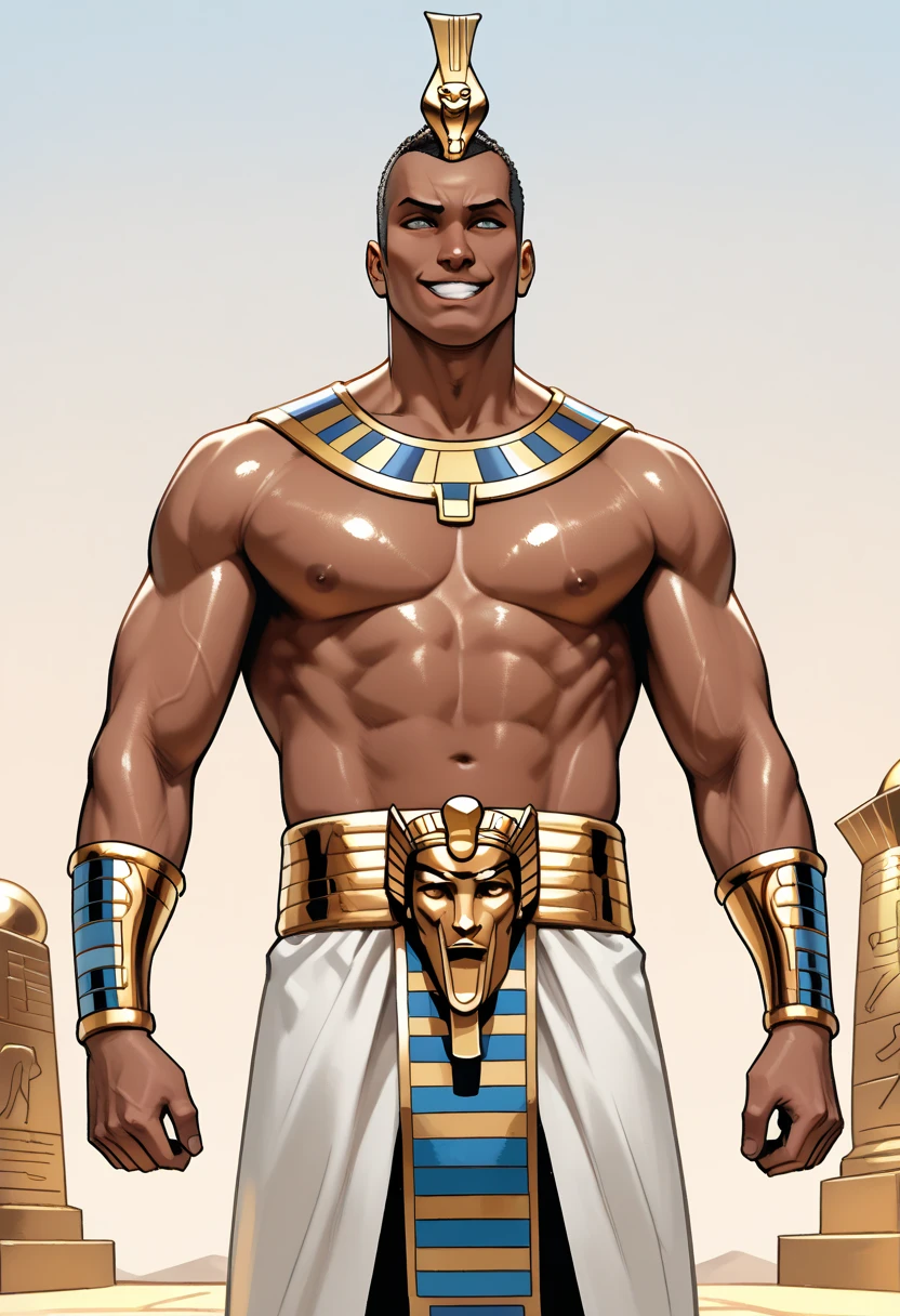 imagine a shirtless black man with dark African hair , shiny skin, arrogant face, normal body ectamorphosis , average, rounded shaved on the sides ; servo'clothes s, he is smiling secretly , floating with arms behind the side , short faded hair shaved on the sides , looking at the spectator , Pharaoh of Egypt, pharaoh tunic on the head , Egyptian royal crown.