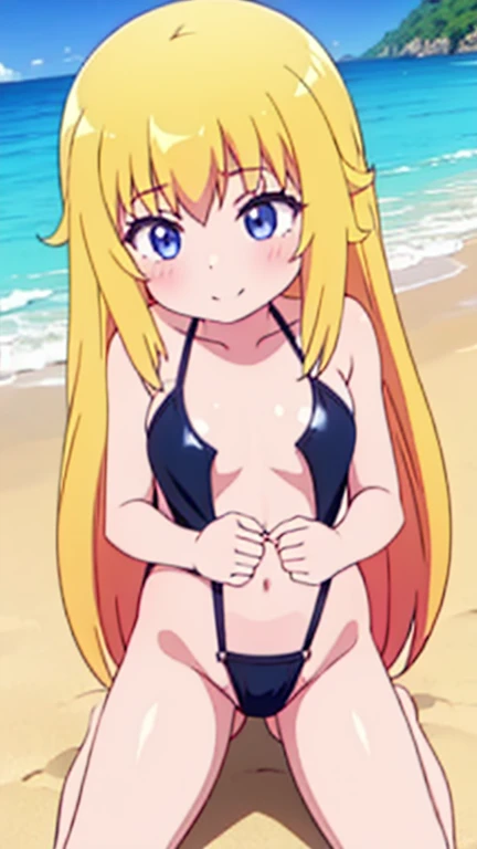 (masterpiece: 1.3), (best quality: 1.3), (cel shading: 1.15), high resolution, extremely detailed CG, ((1girl)), ((female solo)), ((female solo)), (small head), ((shiny skin)), eyeliner, smile, red eyes, detailed face, best ratio four fingers and a thumb, long blonde hair, bikini with yellow flowery print, top with front bow, mini bikini panties with strings and side bow, leaning forward, arms at the waist, navel, smile, looking at the viewer, cleavage, medium breasts, collarbone, belly, day, bare shoulders, blue eyes, arm strap, thighs, (:3:1.1), sitting on a mattress, in the bedroom, Japanese style room, mat, futon,