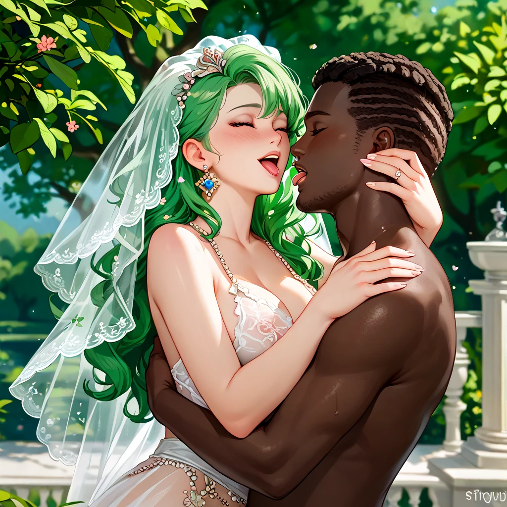 (( top quality)), ((masterpiece)), ( Details), （perfect face）、Green-haired Lydia, who has semi-long hair, wears a pure white see-through wedding dress, hugs a black African man, has passionate vow seed sex where she is ejaculated in large quantities while having a wedding and is in love