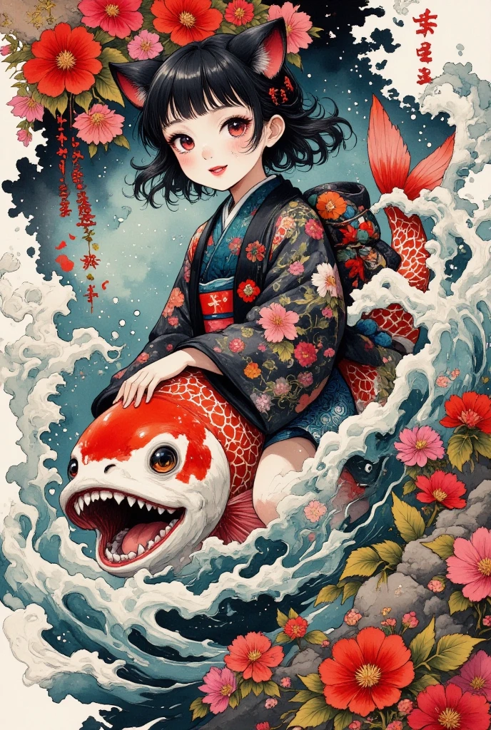 (Brush painting, Alone:1.2), One Girl \( cute, Cute,( Evil Smiles ), double piece:1.6, piece sign:1.4, Double teeth:1.3, Riding a giant koi , ( black hair:1),( long hair),(half twintail:1.5),  red eyes, ( detailed eyes :1.4), open legs, It looks energetic ,  short hair jacket with shining eyes , ( big eyes),(chest:1.4),(Taoist uniform with Taijiku on it :1.4,  shorts :1.5),(Fluffy black cat ears:1.6),(Fluffy black cat ears:1.6),(Bob:1.4, My hair flutters softly:1.4), (dynamic pose:1.4)\)),(bang:1.2)\), BREAK Background\(outside, river, Rapids), 白と黒と赤だけで構成したBrush painting:1.5