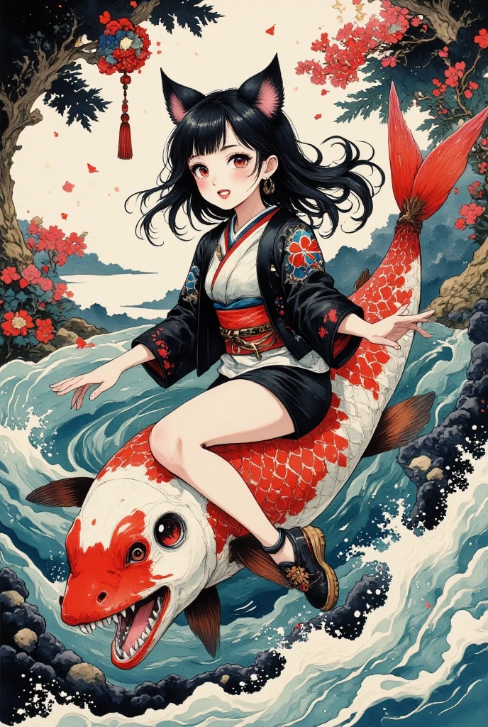 (Brush painting, Alone:1.2), One Girl \( cute, Cute,( Evil Smiles ), double piece:1.6, piece sign:1.4, Double teeth:1.3, Riding a giant koi , ( black hair:1),( long hair),(half twintail:1.5),  red eyes, ( detailed eyes :1.4), open legs, It looks energetic ,  short hair jacket with shining eyes , ( big eyes),(chest:1.4),(Taoist uniform with Taijiku on it :1.4,  shorts :1.5),(Fluffy black cat ears:1.6),(Fluffy black cat ears:1.6),(Bob:1.4, My hair flutters softly:1.4), (dynamic pose:1.4)\)),(bang:1.2)\), BREAK Background\(outside, river, Rapids), 白と黒と赤だけで構成したBrush painting:1.5