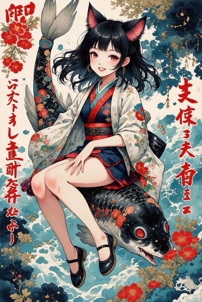 (Brush painting, Alone:1.2), One Girl \( cute, Cute,( Evil Smiles ), double piece:1.6, piece sign:1.4, Double teeth:1.3, Riding a giant koi , ( black hair:1),( long hair),(half twintail:1.5),  red eyes, ( detailed eyes :1.4), open legs, It looks energetic ,  short hair jacket with shining eyes , ( big eyes),(chest:1.4),(Taoist uniform with Taijiku on it :1.4,  shorts :1.5),(Fluffy black cat ears:1.6),(Fluffy black cat ears:1.6),(Bob:1.4, My hair flutters softly:1.4), (dynamic pose:1.4)\)),(bang:1.2)\), BREAK Background\(outside, river, Rapids), 白と黒と赤だけで構成したBrush painting:1.5