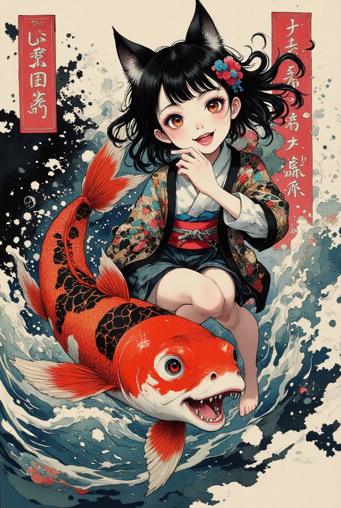 (Brush painting, Alone:1.2), One Girl \( cute, Cute,( Evil Smiles ), double piece:1.6, piece sign:1.4, Double teeth:1.3, Riding a giant koi , ( black hair:1),( long hair),(half twintail:1.5),  red eyes, ( detailed eyes :1.4), open legs, It looks energetic ,  short hair jacket with shining eyes , ( big eyes),(chest:1.4),(Taoist uniform with Taijiku on it :1.4,  shorts :1.5),(Fluffy black cat ears:1.6),(Fluffy black cat ears:1.6),(Bob:1.4, My hair flutters softly:1.4), (dynamic pose:1.4)\)),(bang:1.2)\), BREAK Background\(outside, river, Rapids), 白と黒と赤だけで構成したBrush painting:1.5